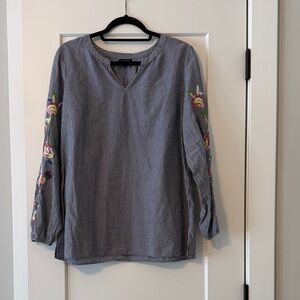 Talbots Navy Striped Blouse with Floral Embroidery